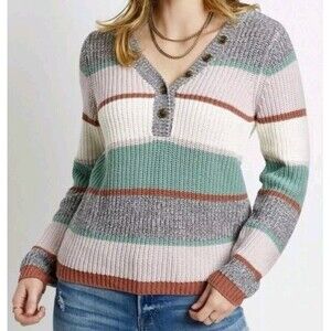 Maurices Women's XS Pastel Multicolor Striped Henley Pullover Sweater